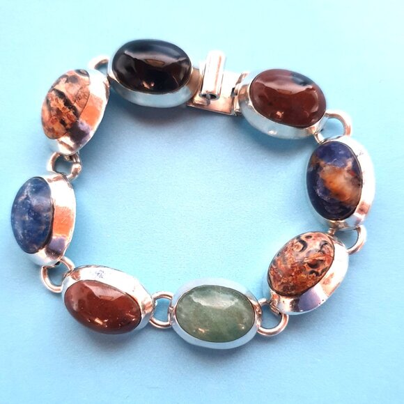 Chunky Vintage Taxco Mexico TH-75 Sterling Silver Multi-Gemstone Link Bracelet - Picture 14 of 16